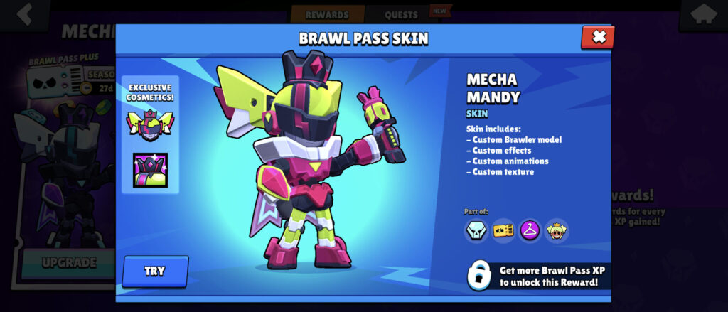 The screenshot from the mobile game Brawl Stars features the skin of Mecha Mandy during the Mechmas Brawl Pass season.