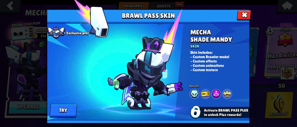 The screenshot from the mobile game Brawl Stars features the skin of Shade Mecha Mandy during the Mechmas Brawl Pass season.
