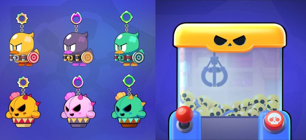 The image highlights Buffies in the mobile game Brawl Stars and a special Crawl Machine for obtaining these power-up items.