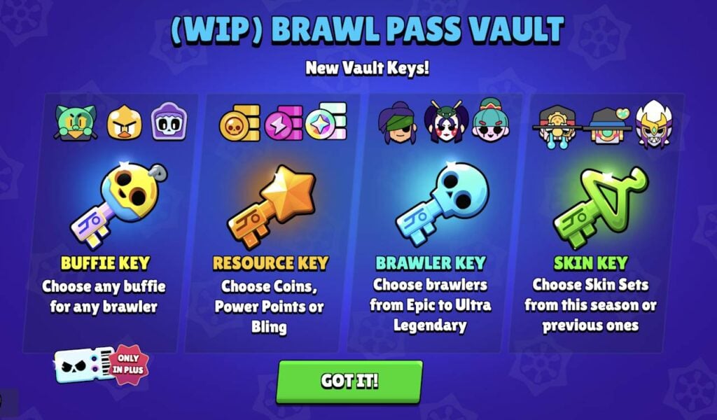 The image highlights various types of Brawl Stars keys and rewards players can get with them from Brawl Pass Vaults.