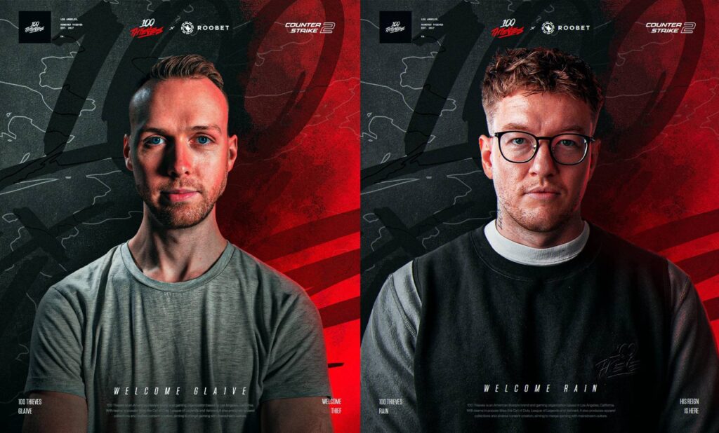 The image combines two official posters from the CS2 esports team 100 Thieves Roobet - for signing gla1ve as a head coach and rain as an IGL player.