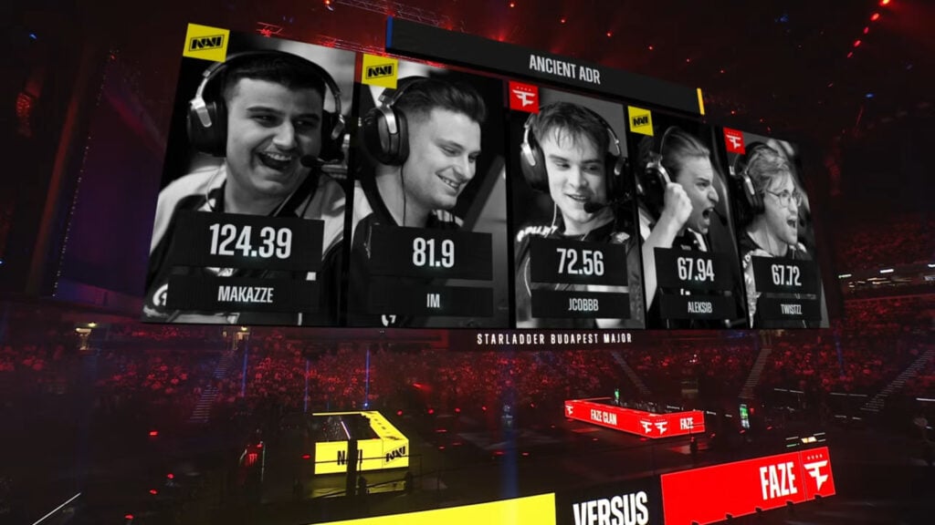 The screenshot from the stream of the CS2 StarLadder Budapest Major 2025 - player KDR in the match between NAVI and FaZe in the tournament’s Playoffs: Map 3, Ancient.