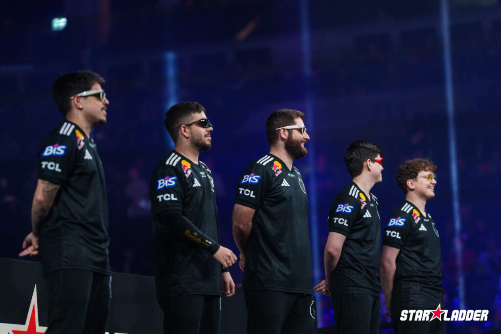 The CS2 esports players from the team FURIA wearing sunglasses in the arena at the StarLadder Budapest Major 2025 - it’s a photo.