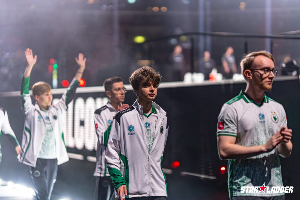 The CS2 esports players from Team Falcons enter the arena at the StarLadder Budapest Major 2025 - it’s a photo.