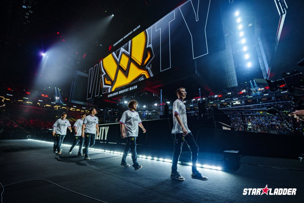 The CS2 esports players from Team Vitality enter the arena of the Counter-Strike 2 StarLadder Budapest Major 2025 - it’s a photo.