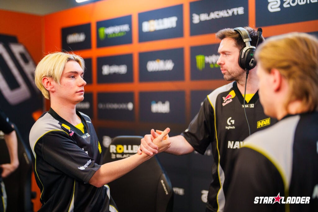 The Counter-Strike 2 team NAVI after winning a match at the StarLadder Budapest Major 2025: players greet each other.
