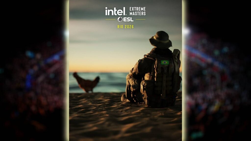 It’s the official poster of the CS2 esports tournament Intel Extreme Masters 2026 Rio de Janeiro. It features a man in a costume of a Counter-Strike character, with a chicken, sitting on the ocean shore.