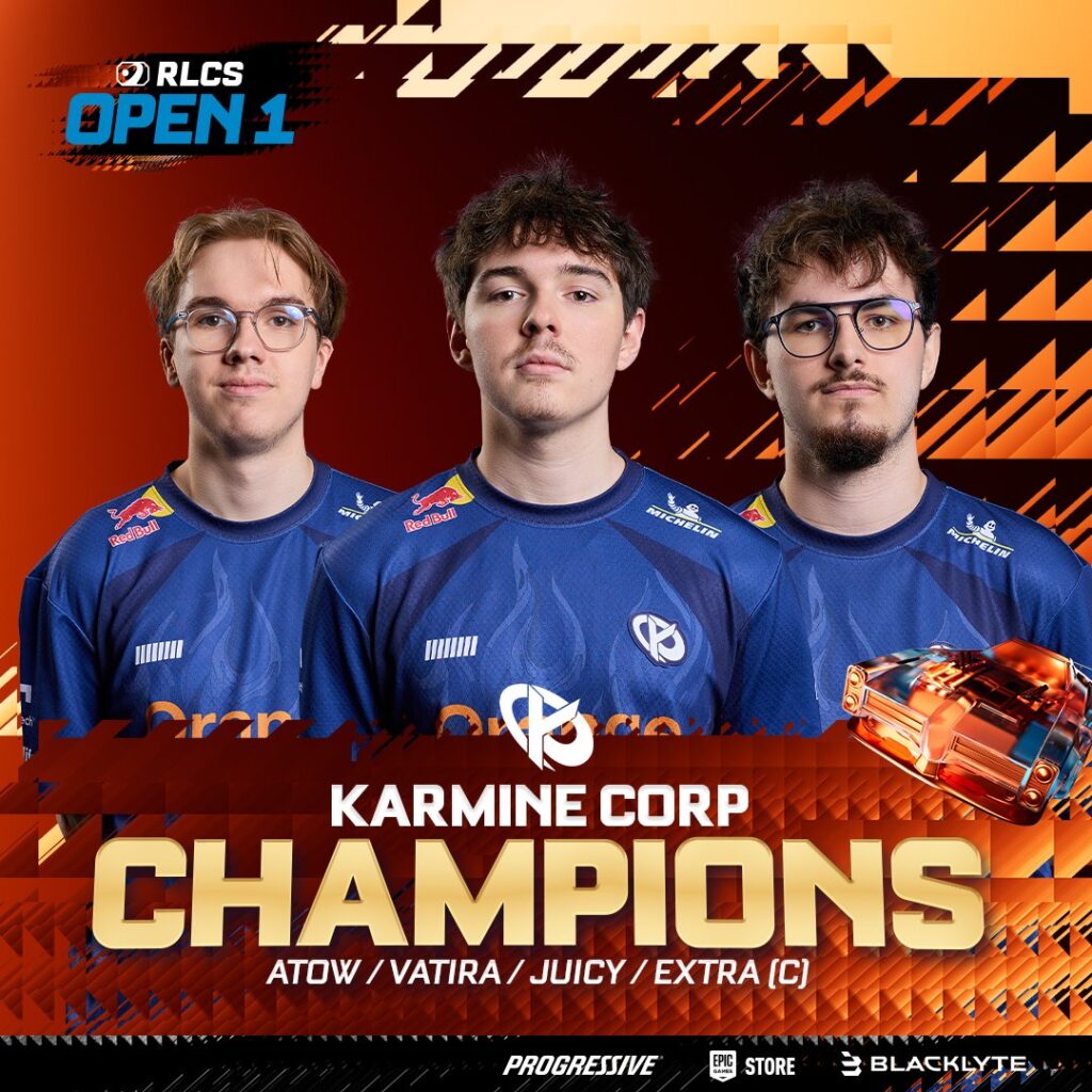 The official poster for Karmine Corp winning the regional split RLCS 2026 EU Open 1.