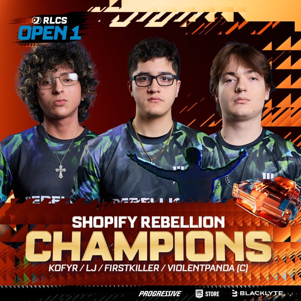 The official poster for Shopify Rebellion winning the regional split RLCS 2026 NA Open 1.