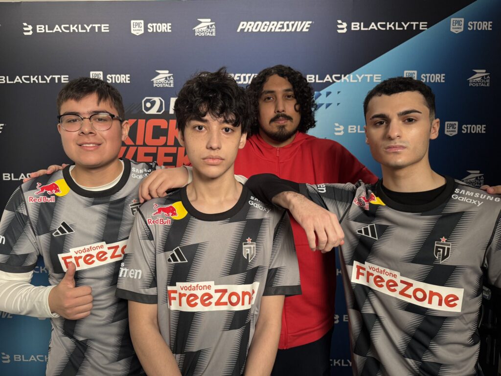 The photo features Rocket League players from the team FUT Esports during the tournament Kick-Off Weekend RLCS 2026.