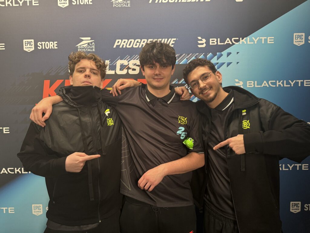 The photo features Rocket League esports players from the team Ninjas in Pyjamas during the tournament Kick-Off Weekend RLCS 2026.