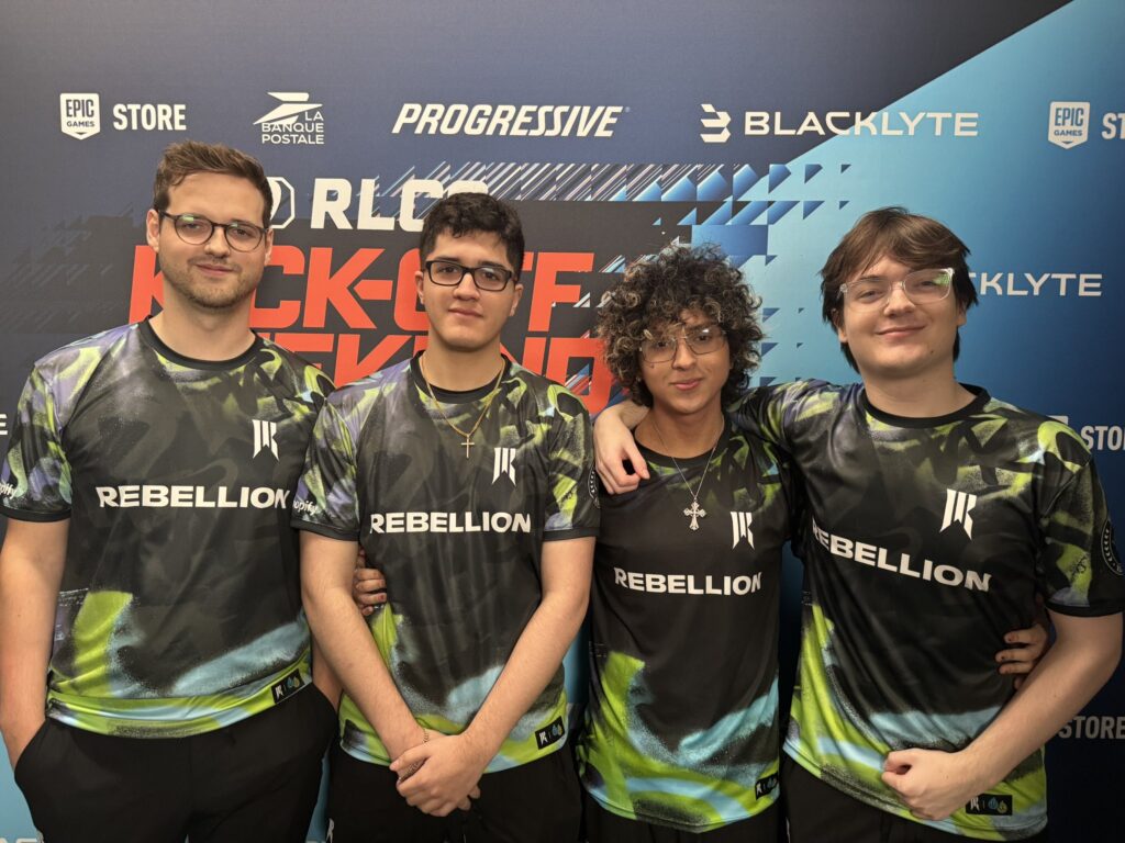 The photo features Rocket League players from the team Shopify Rebellion during the esports tournament Kick-Off Weekend RLCS 2026.