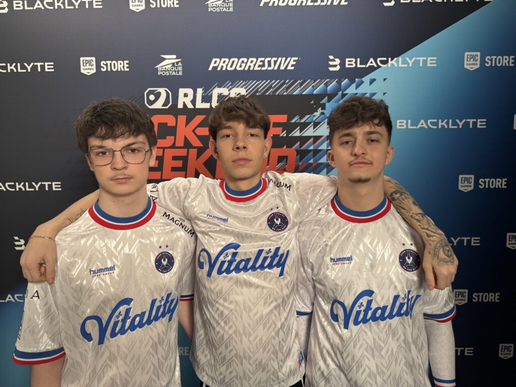 The photo features Rocket League esports players from Team Vitality during the tournament Kick-Off Weekend RLCS 2026.