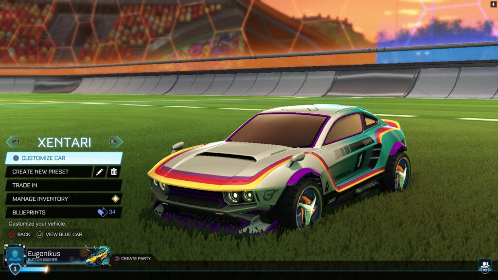 It’s a screenshot from Rocket League: the Xentari car in the garage.