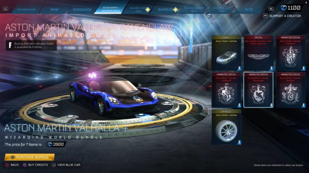 The Rocket League screenshot features the car 2025 Aston Martin Valhalla with the Ravenclaw decal in the game shop.