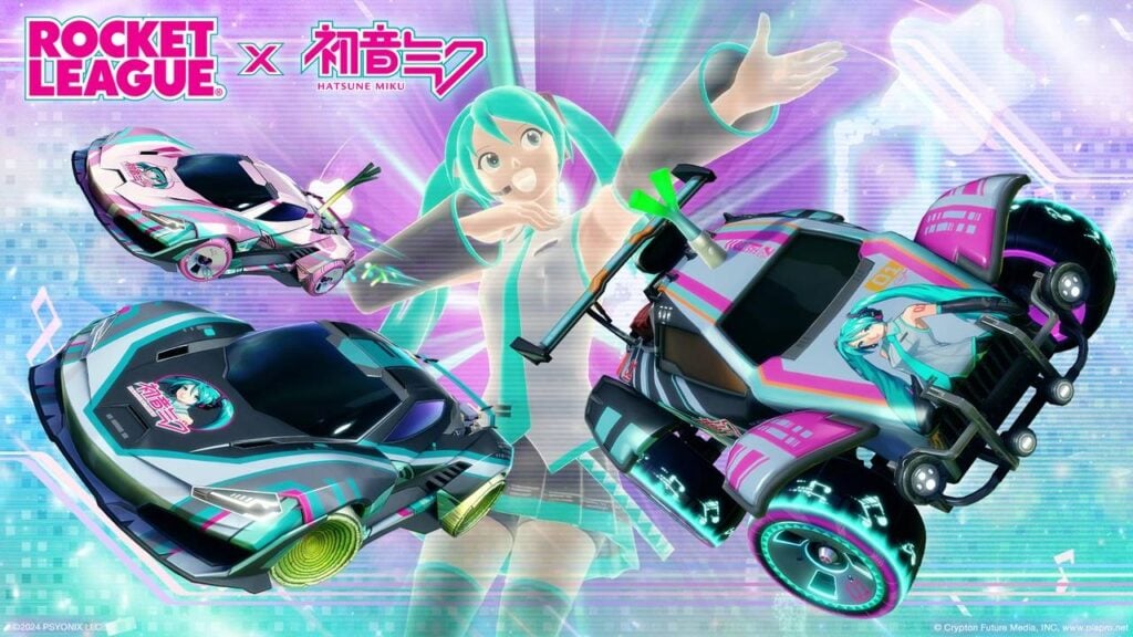 It’s the official poster of the Hatsune Miku x Rocket League collaboration event: the singer and three cars with special decals.