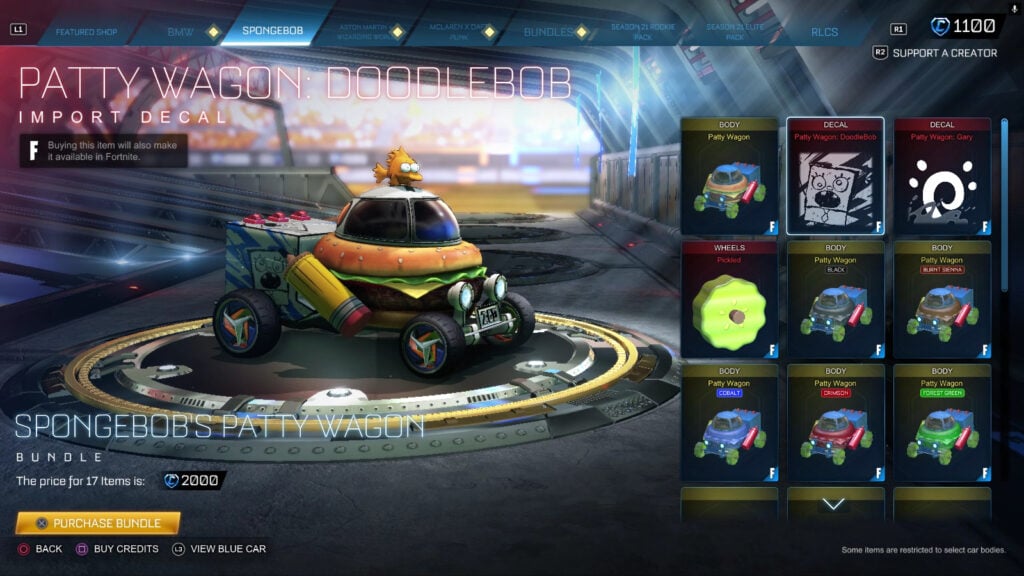 The Rocket League screenshot features the car The Krabby Patty Wagon from the SpongeBob collaboration event.