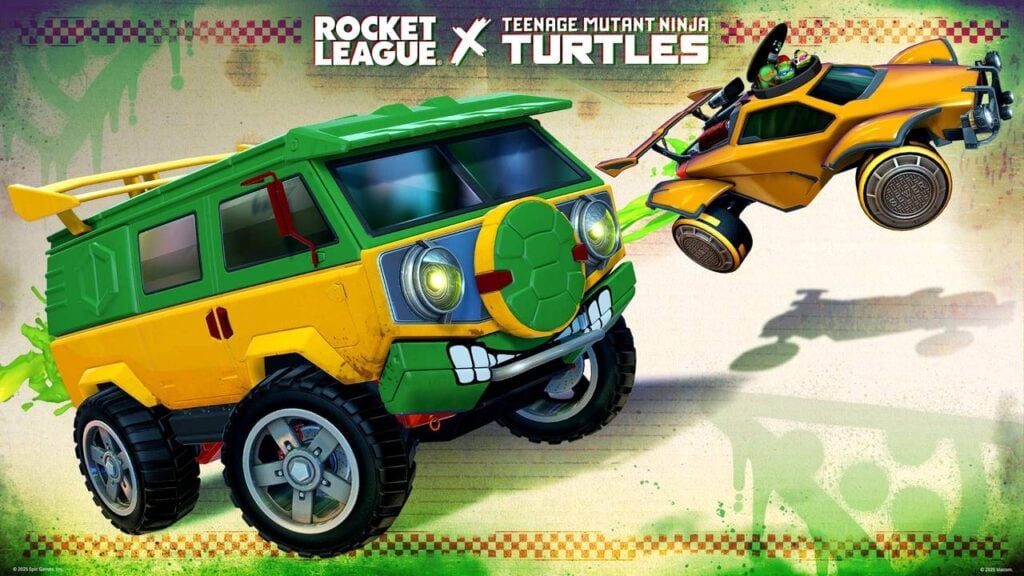The Rocket League screenshot features the car Classic Turtle Van from the Teenage Mutant Ninja Turtles collaboration event.