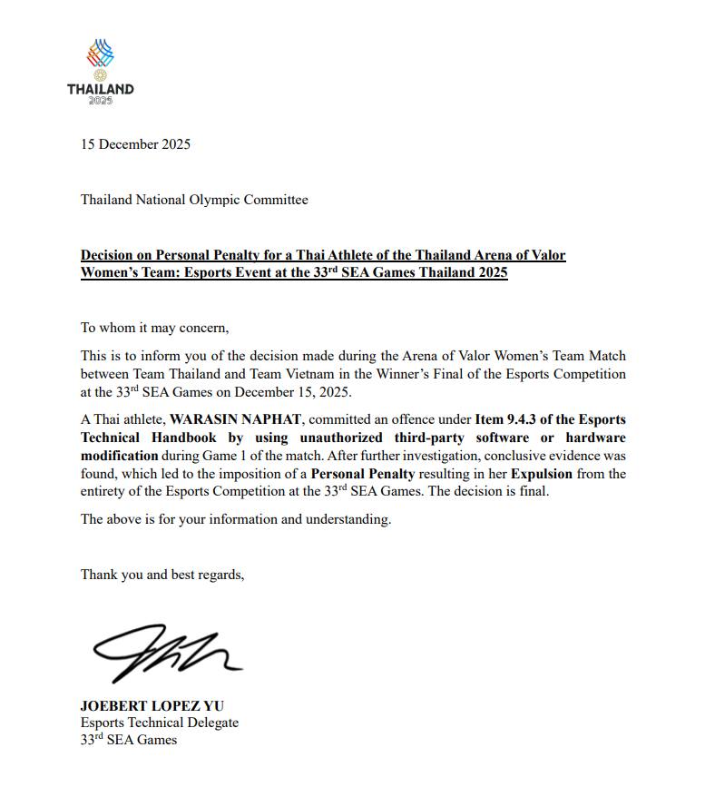 Thailand AOV player Tokyogurl penalized for cheating during SEA Games 2025 event