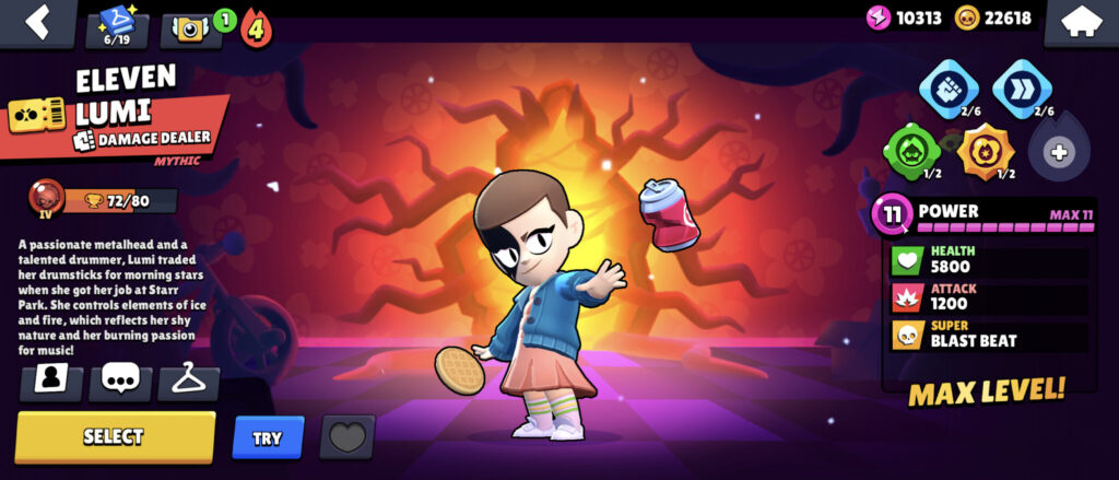 It’s a screenshot from the game Brawl Stars: the brawler Lumi with the skin of Eleven from Stranger Things.