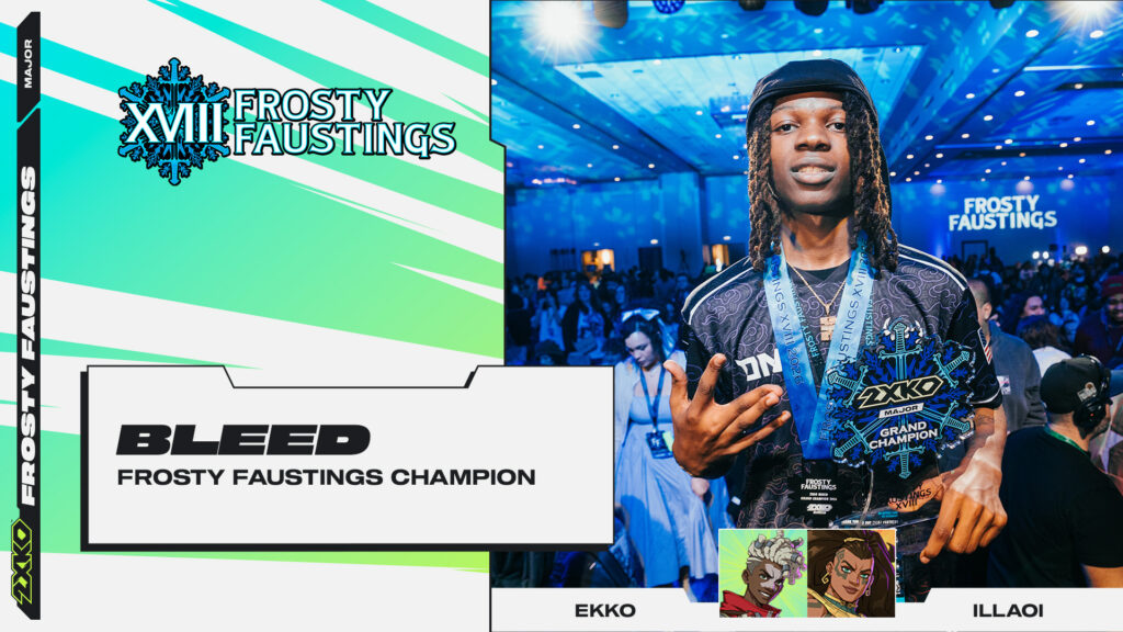 It’s a poster for the fighting games player bleed winning the 2XKO esports Major at Frosty Fausting 2025.