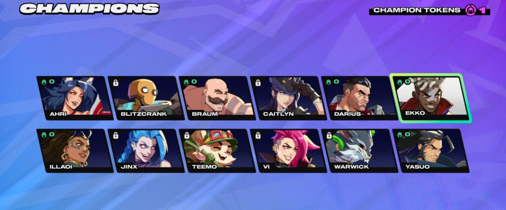 The image shows a screen with 2XKO characters and one Champion Token.