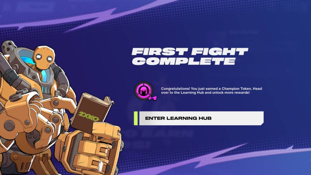 The image shows the in-game screen after completing the First Fight mission in 2XKO: a player has earned one free Champion Token.