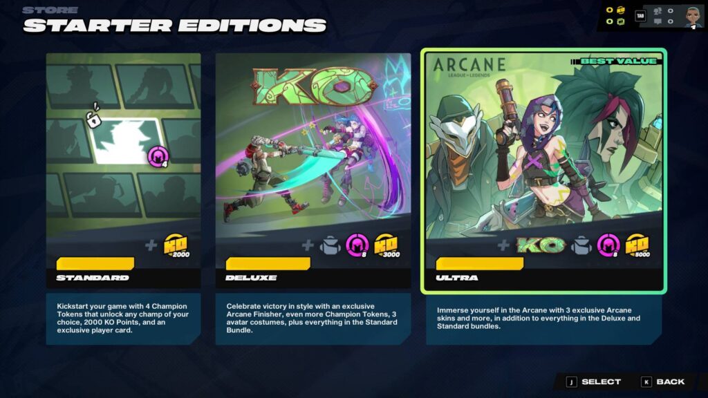 It’s a screenshot from the fighting game 2XKO: three Started Editions in the shop and their content.