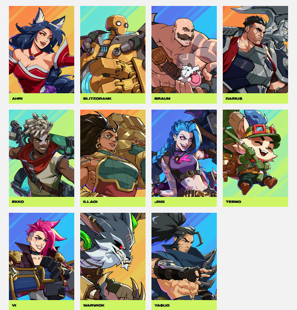 The screenshot from the official website of the fighting game 2XKO shows the full roster of playable champions at the Season 1 release and console launch.