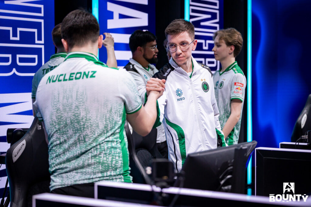 It’s a photo of the CS2 esports players from Team Falcons - after a match at BLAST Bounty Winter 2026 LAN Finals.