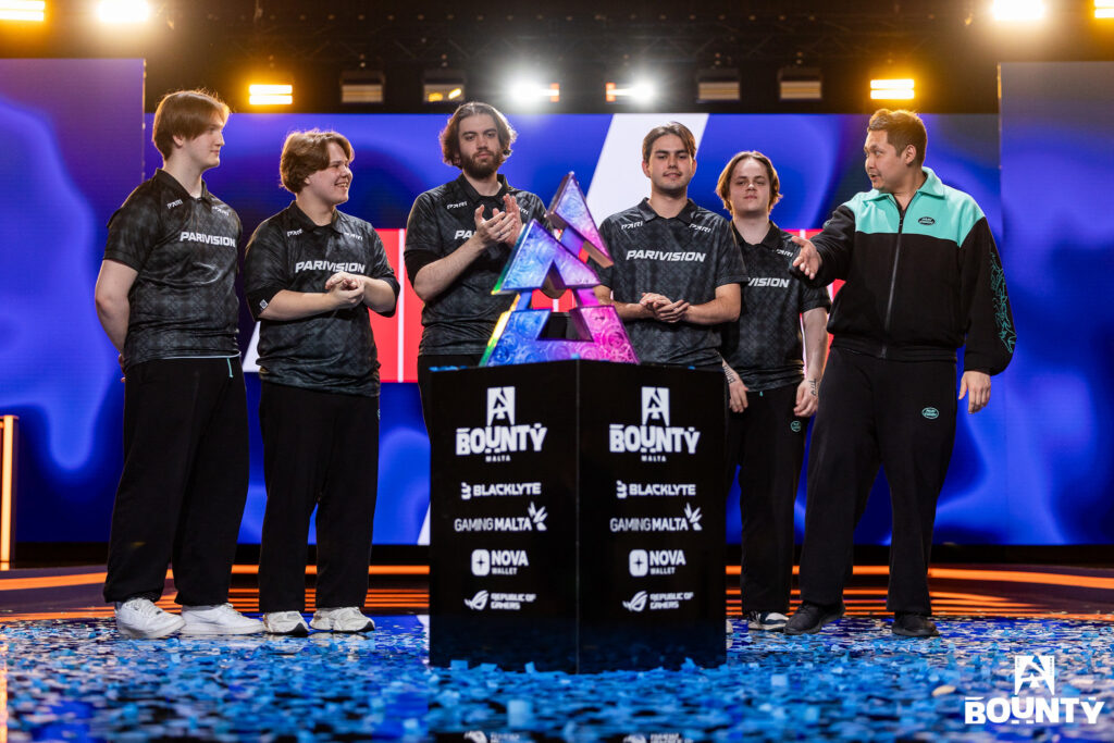 It’s a photo of the CS2 players from the team PARAVISION after the grand final of BLAST Bounty Winter 2026 - with the tournament trophy.