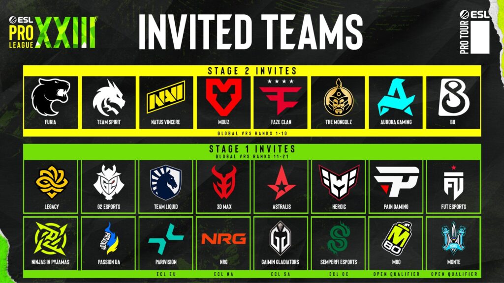 The poster reveals the Counter-Strike 2 esports teams that participate in the CS2 tournament ESL Pro League Season 23.