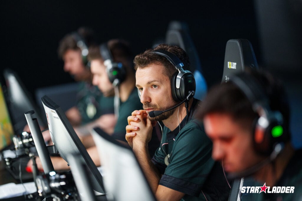 It’s a photo of the CS2 team G2 esports in front of their computers during a match at the StarLadder Budapest Major 2025.