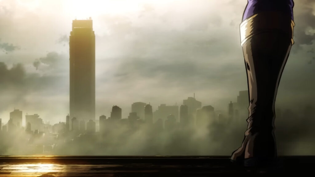 It’s a screenshot from the Fist of the North Star x FATAL FURY: City of the Wolves collaboration teaser — boots of Kenshiro, as the hero stays near a city in the background.