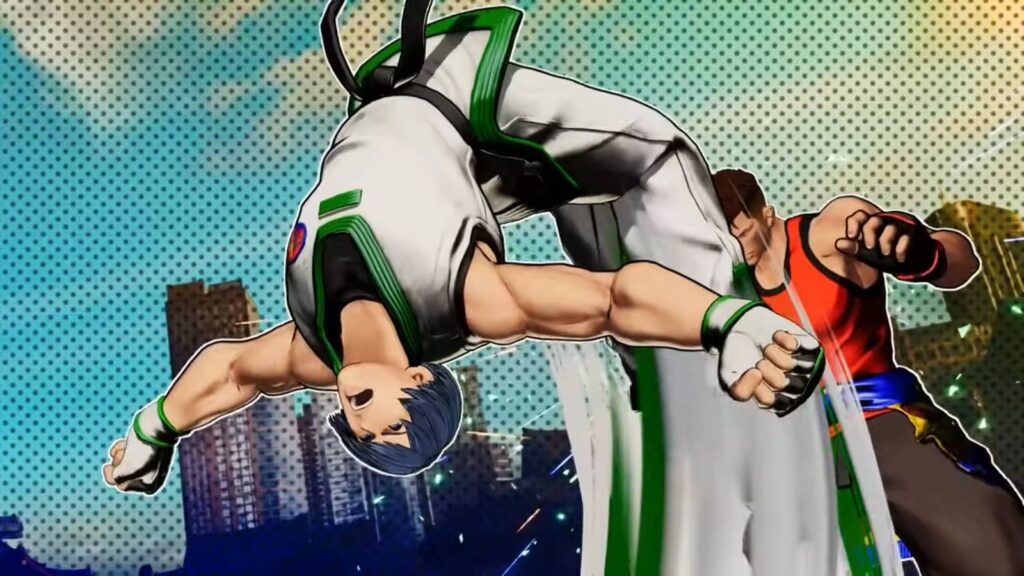 The screenshot from the Season 2 reveal trailer shows the FATAL FURY: City of the Wolves DLC character Kim Jae Hoon in a match against his brother Kim Dong Hwan.