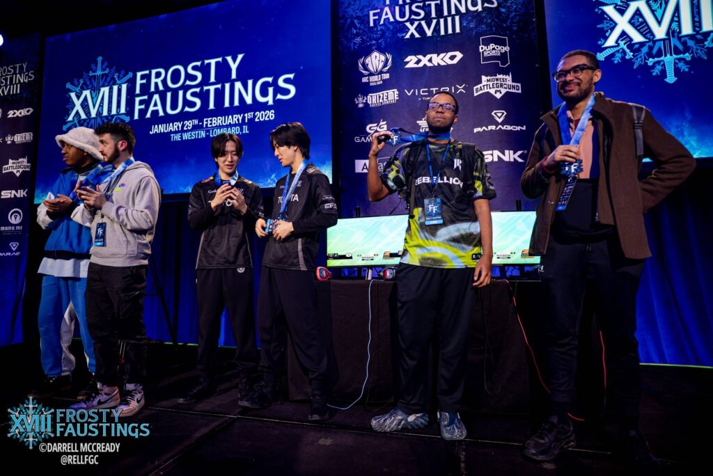 It's a photo of fighting games esports players at the 2XKO Duos tournament at Frosty Faustings: the top 3 teams.