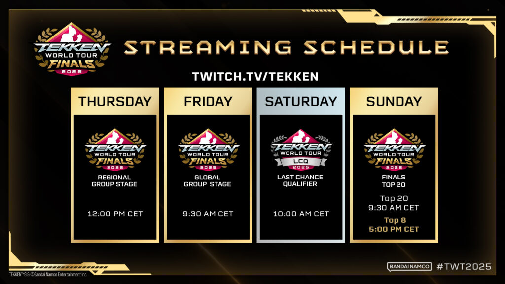 The image reveals the streaming schedule for the TEKKEN World Tour 2025 Finals.
