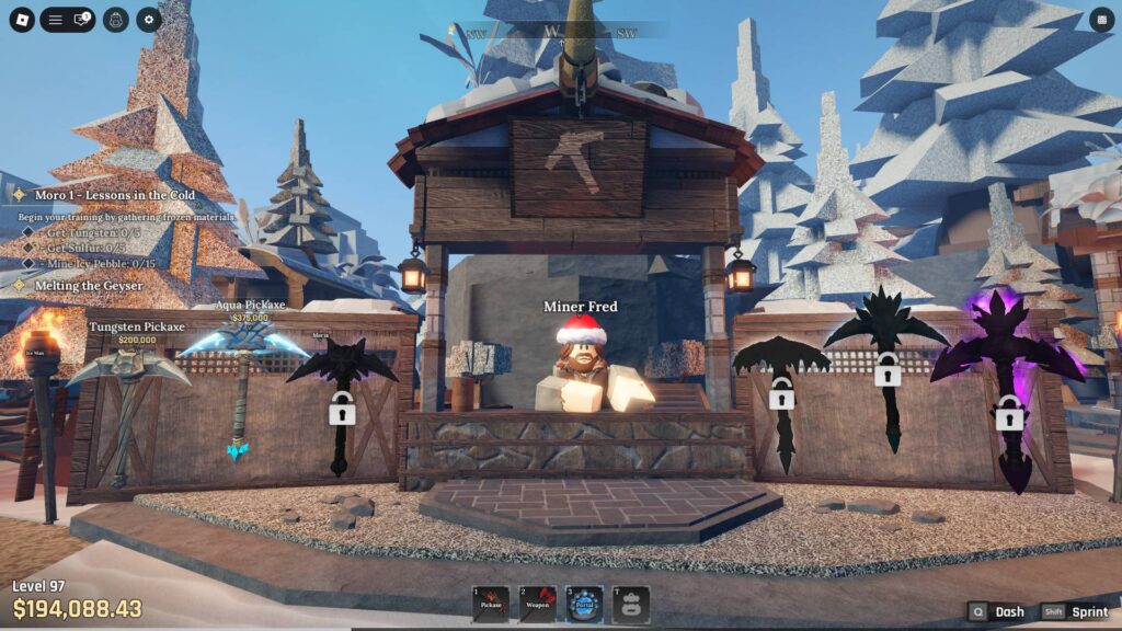 Miner Fred's pickaxe shop at Frostspire Expanse