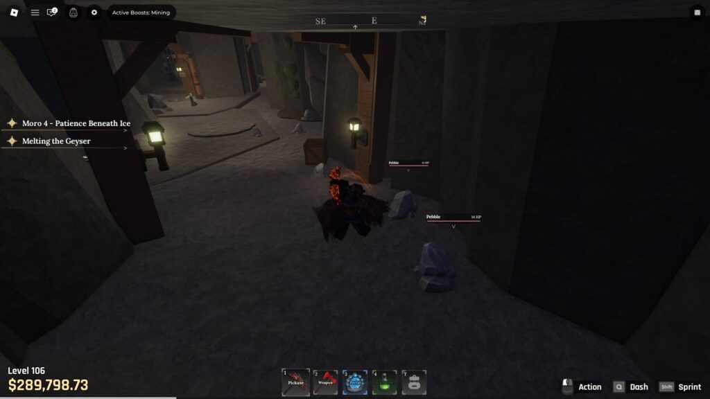 Mining Pebbles in Stonewake’s Cross can help you mine faster, giving you more chances to get a Galaxite ore in The Forge