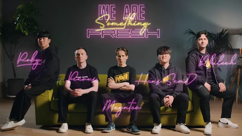 NAVI 2026 League of Legends roster. From left to right, Poby, Parus, Maynter, SamD, and Rhilech