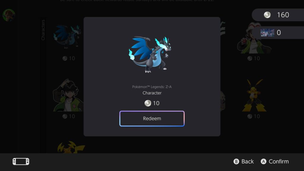Redeeming a Pokémon Legends: Z-A icon featuring Mega Charizard X