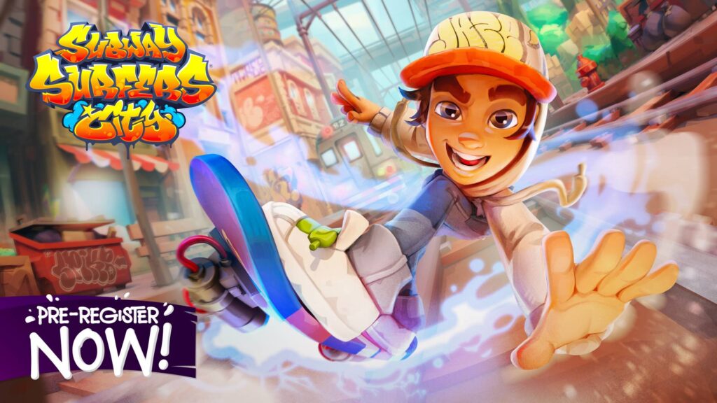 The image is the official poster for the upcoming mobile game Subway Surfers City: pre-register now.