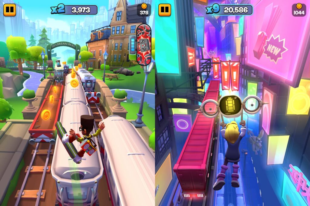 The image features screenshots from the mobile game Subway Surfers City: pre-release announcement — a peek into gameplay.