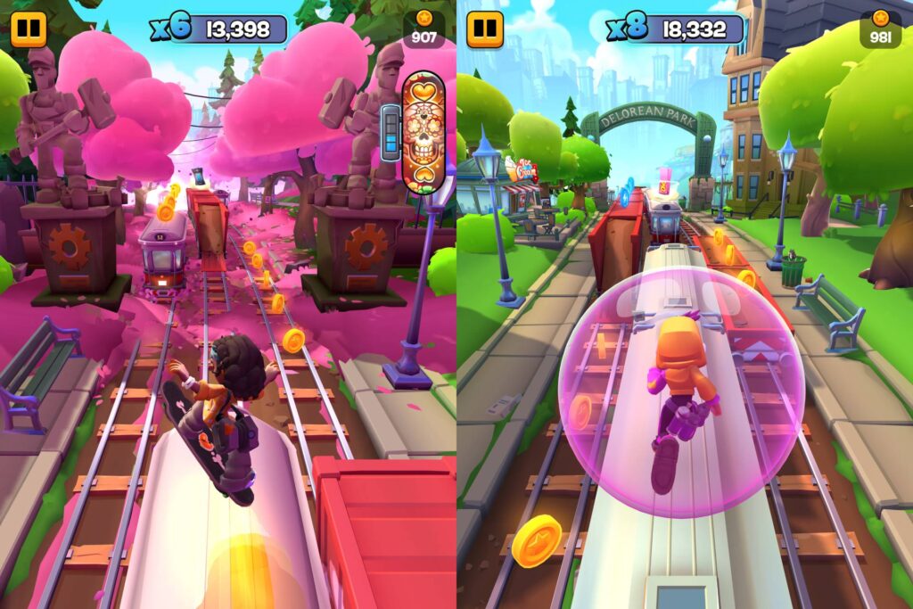 The image features screenshots from the mobile game Subway Surfers City: pre-release announcement — blooming trees and a bubblegum shield.