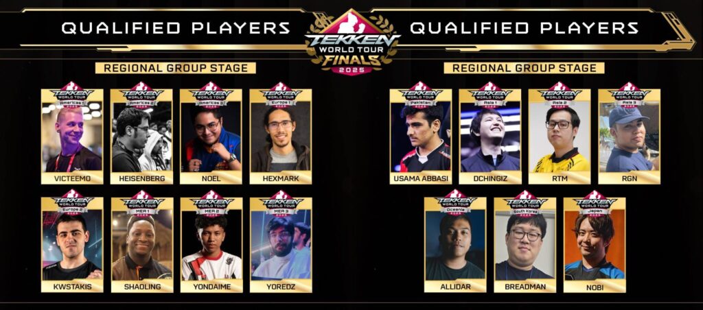 The poster shows all TEKKEN 8 players who qualified for the World Tour 2025 Finals from the regional leaderboards.