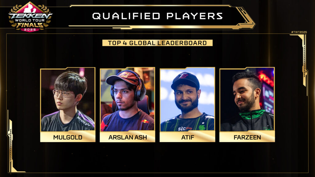 The official poster reveals the top 4 players at the TEKKEN World Tour 2025 Global leaderboard: Mulgold, Arslan Ash, ATIF, and Farzeen.