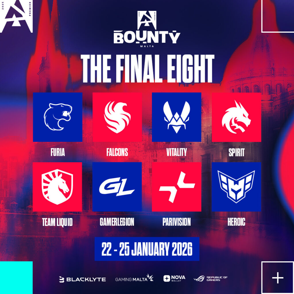 The image features logos of CS2 teams that qualified for the LAN Finals of the Counter-Strike 2 esports tournament BLAST Bounty Winter 2026.