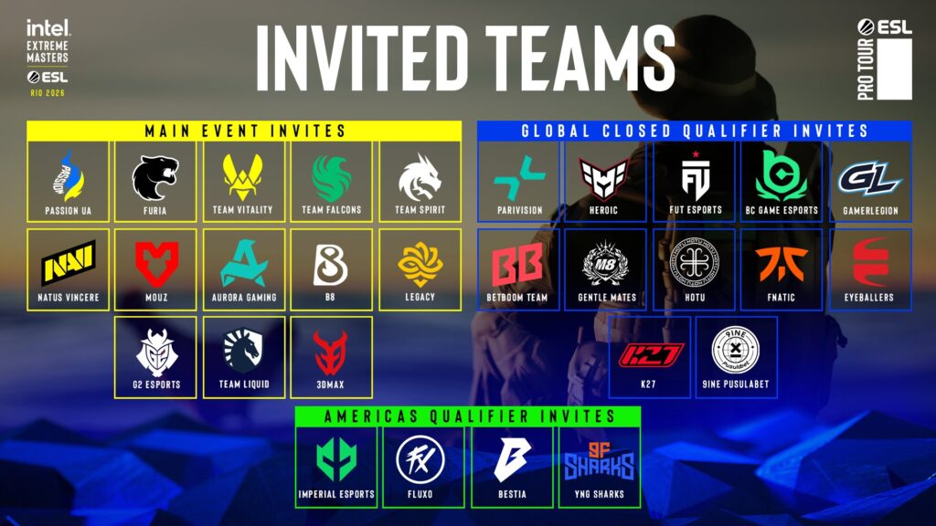 The image lists CS2 esports teams invited to the tournament Intel Extreme Masters Rio 2026.