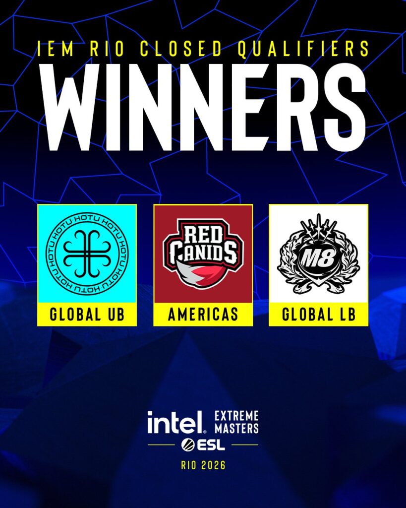 The image is the official poster for three teams that won qualification spots at CS2 esports IEM RIo 2026: Red Canids, HOTU, and Gentle Mates.