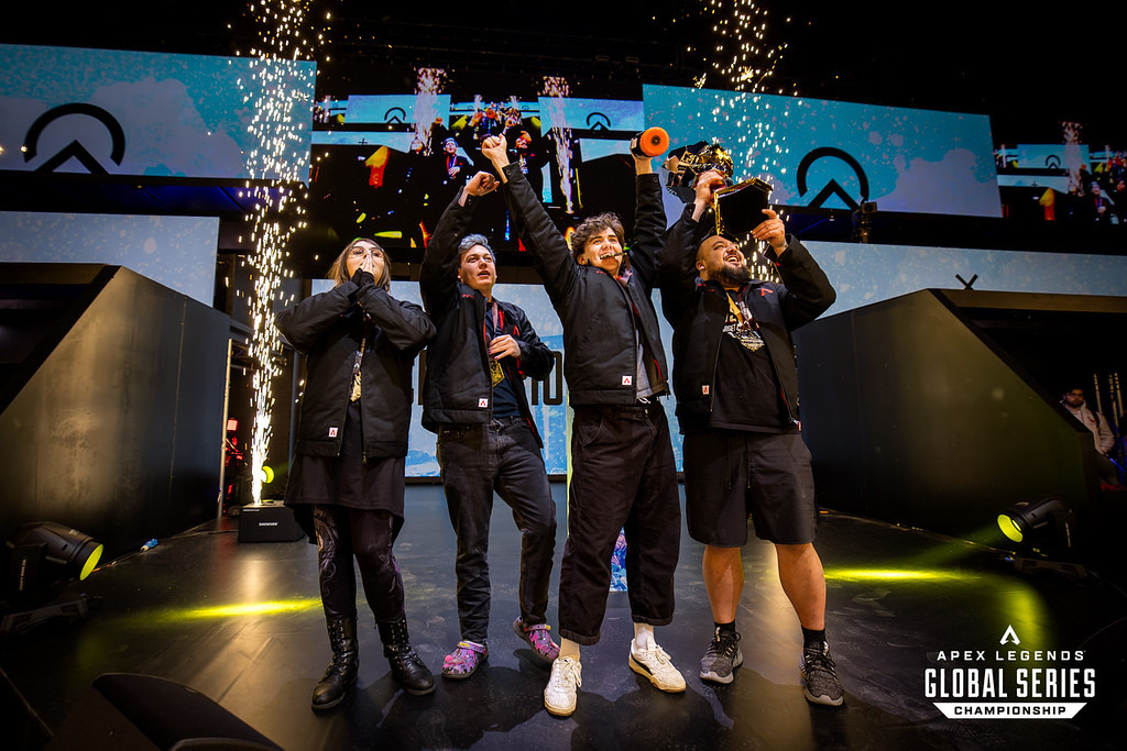Oblivion celebrate their win. (L-R: RubyKaster, Monsoon, Blinkzr, FunFPS) (Photo via ALGS / Joe Brady)